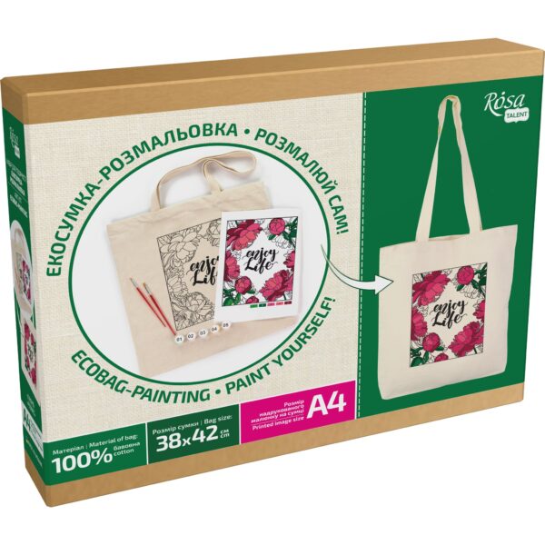 Set, ecobag-coloring, „Peonies“, cotton 220 gsm, 38x42 cm, ROSA Talent